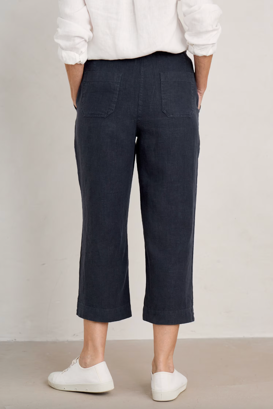 SEASALT's Poleacre Cropped Linen Trousers in Maritime, back view of women's pants