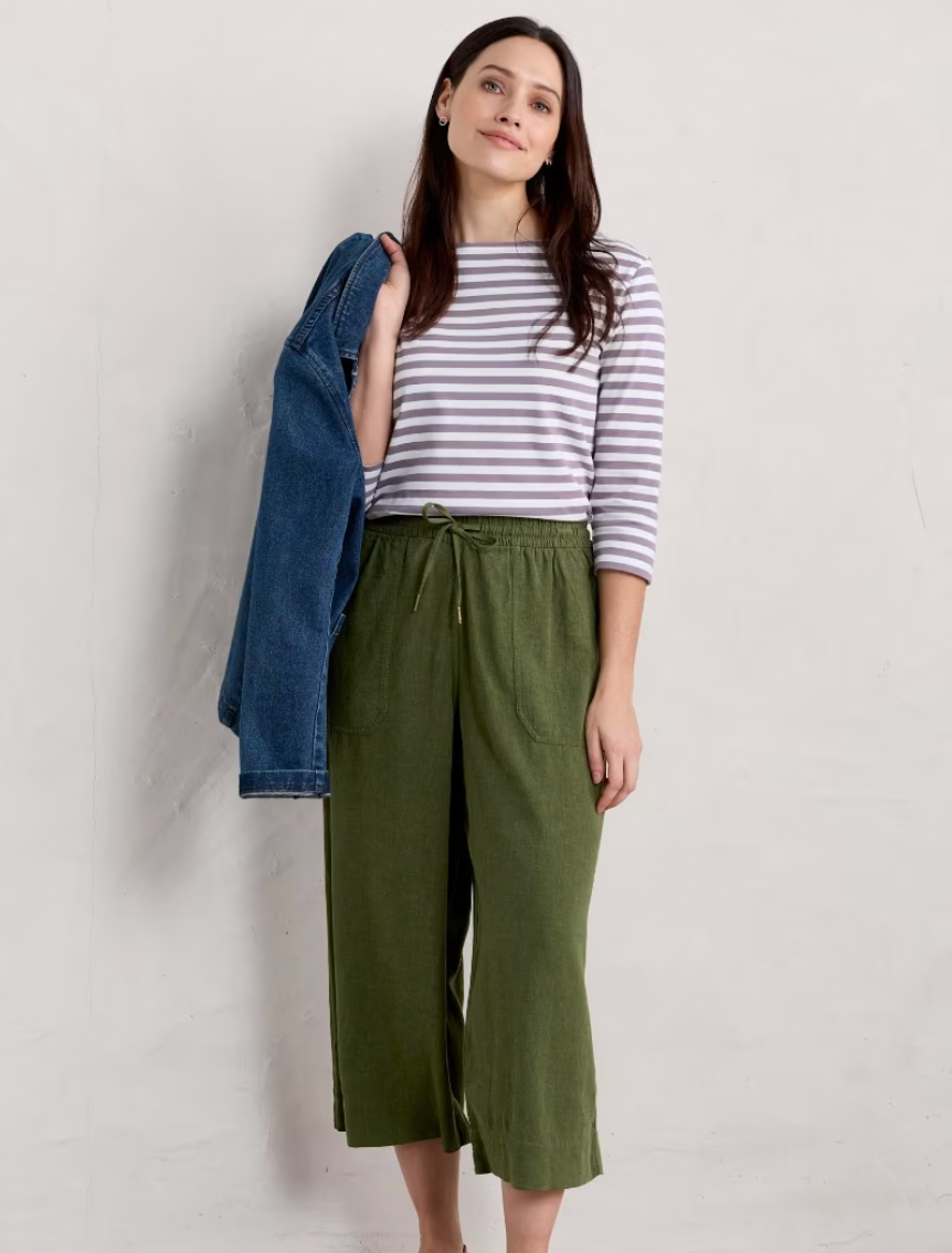 SEASALT's Sailor Top in Mini Cornish Grape Thistle, styled with green pants