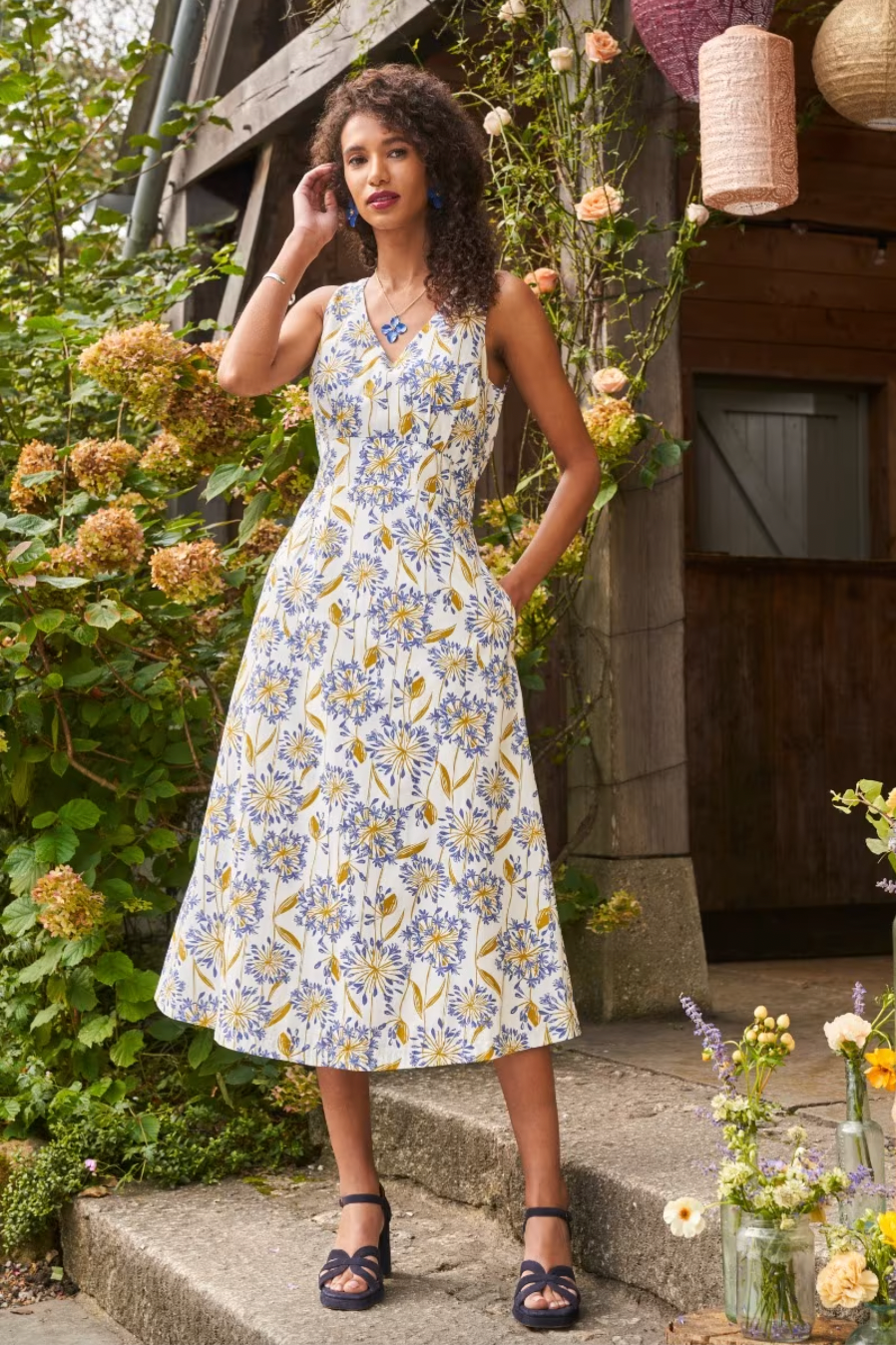 SEASALT'S Sky Beyond Dress in Agapanthus Lino Chalk, summer midi dress worn in the garden