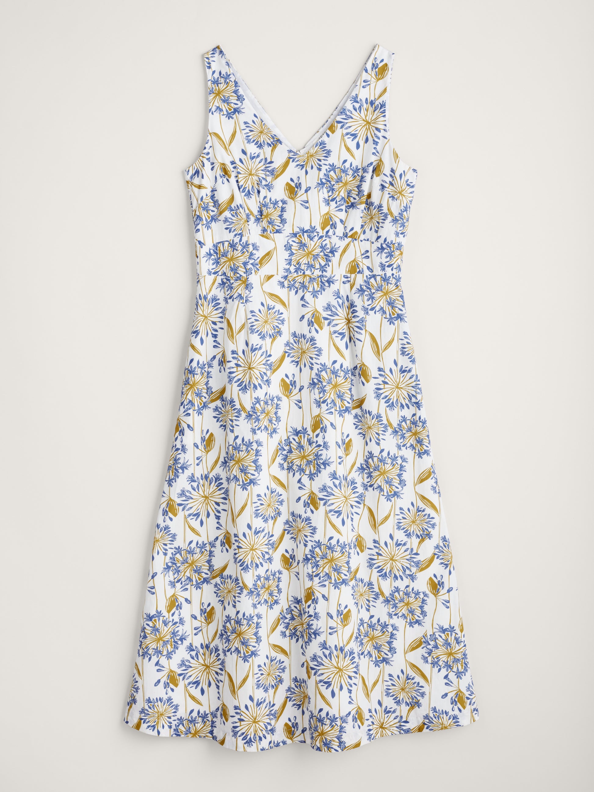 SEASALT'S Sky Beyond Dress in Agapanthus Lino Chalk, flat lay of summer dress