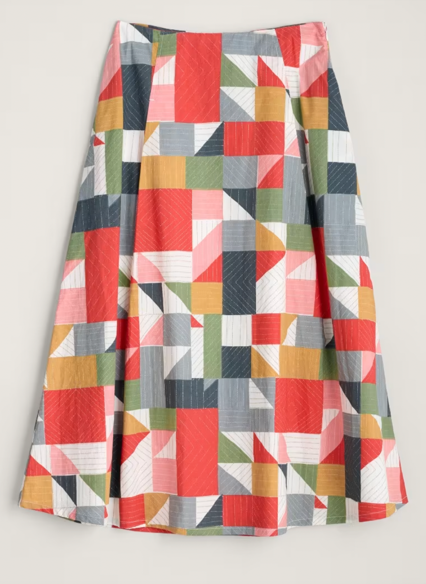 SEASALT's Swallow Hill Skirt in Quilt Abstract Mix, flat lay of A-line skirt