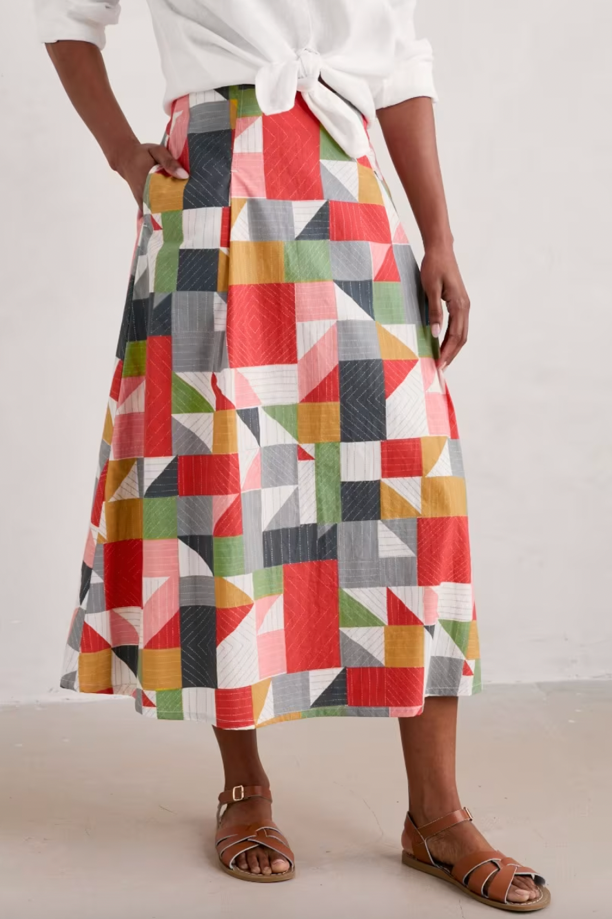 SEASALT's Swallow Hill Skirt in Quilt Abstract Mix, pink and green