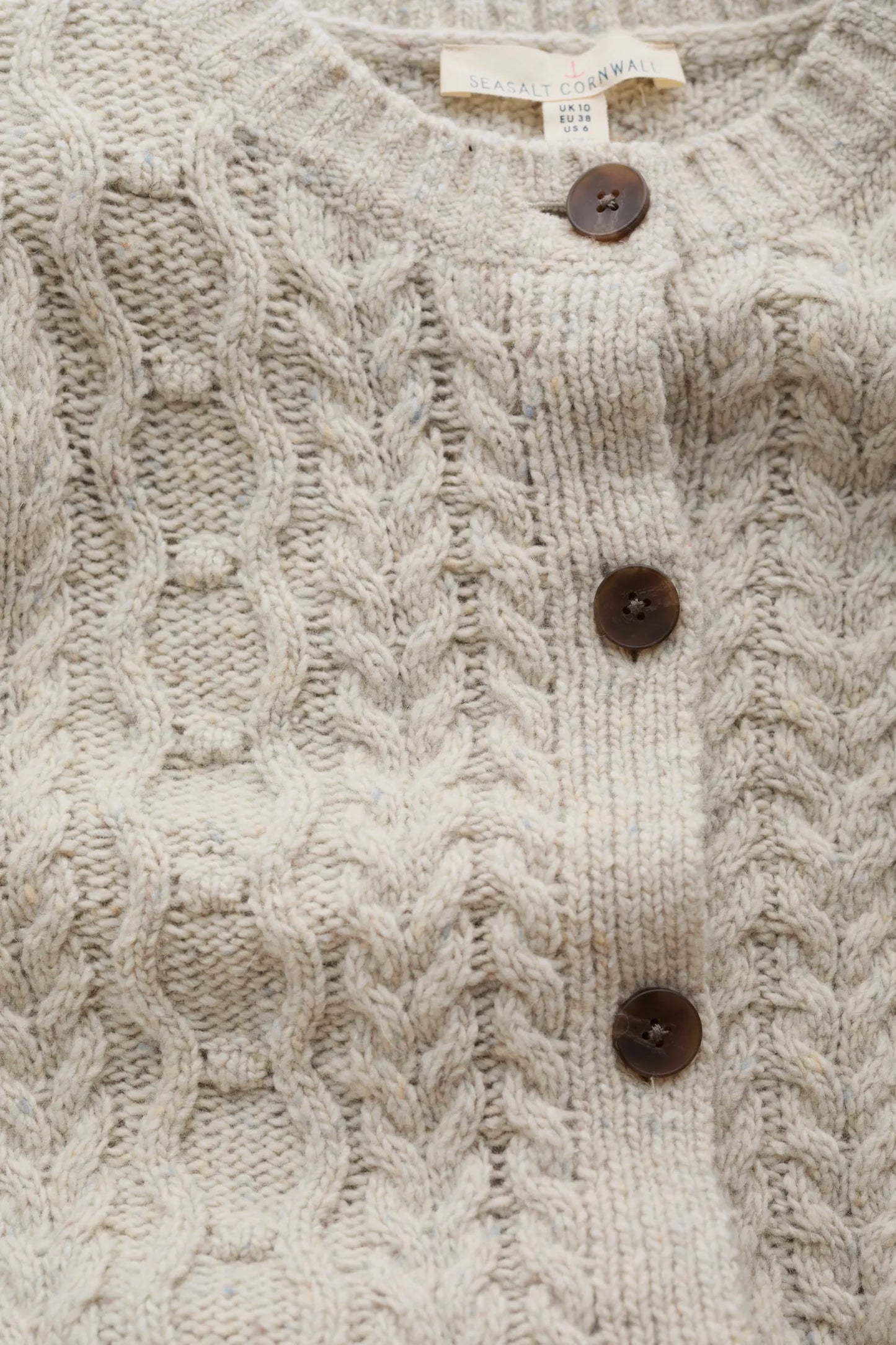 SEASALT's Tressa Cardigan in Aran, detailing of knit