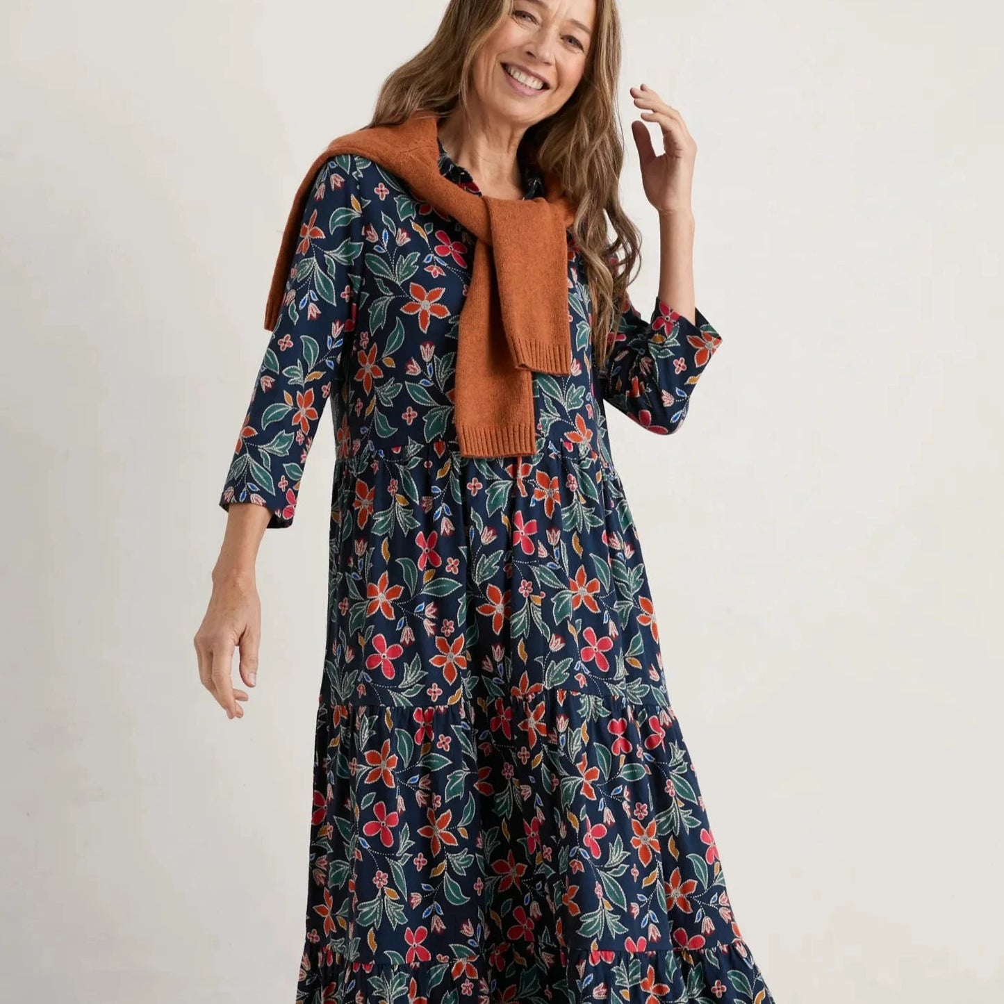 SEASALT's Windflower Dress in Stitched Clematis Maritime, styled with boots and jumper