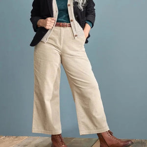 SEASALT's Asphodel Trousers in Birch, styled with cardigan, belt and boots