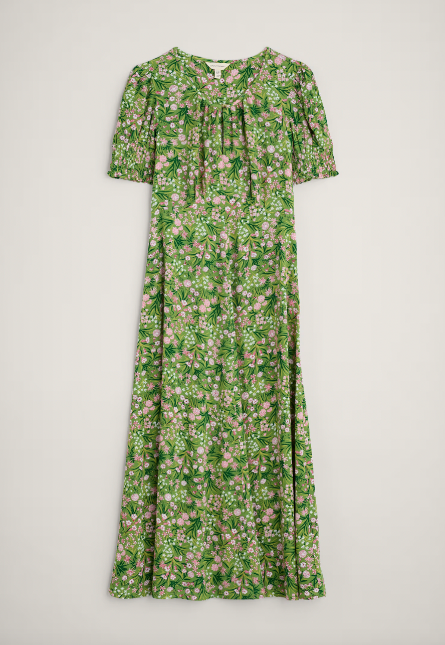 SEASALT's Marsh Empire Line Dress in Campion Field Dill, flat lay