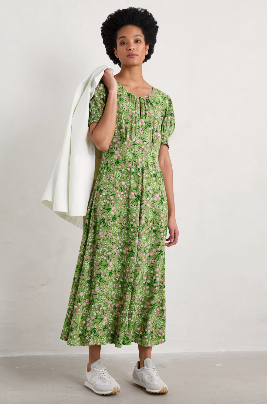 SEASALT's Marsh Empire Line Dress in Campion Field Dill, styled with sneakers