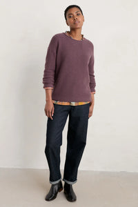 SEASALT's Fruity Jumper in Dark Chard, ladies sweater styled with jeans