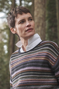 SEASALT's Fruity Jumper in Ripple Marks Wisteria Multi, ladies jumper worn with shirt outside