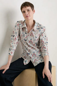 SEASALT's Larissa Shirt in Tapestry Forest Aran, model sitting