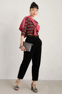 SEASALT's Sailor Shirt in Tri Mini Cornish Onyx Carmine, outfit with black trousers and silver heels and bags