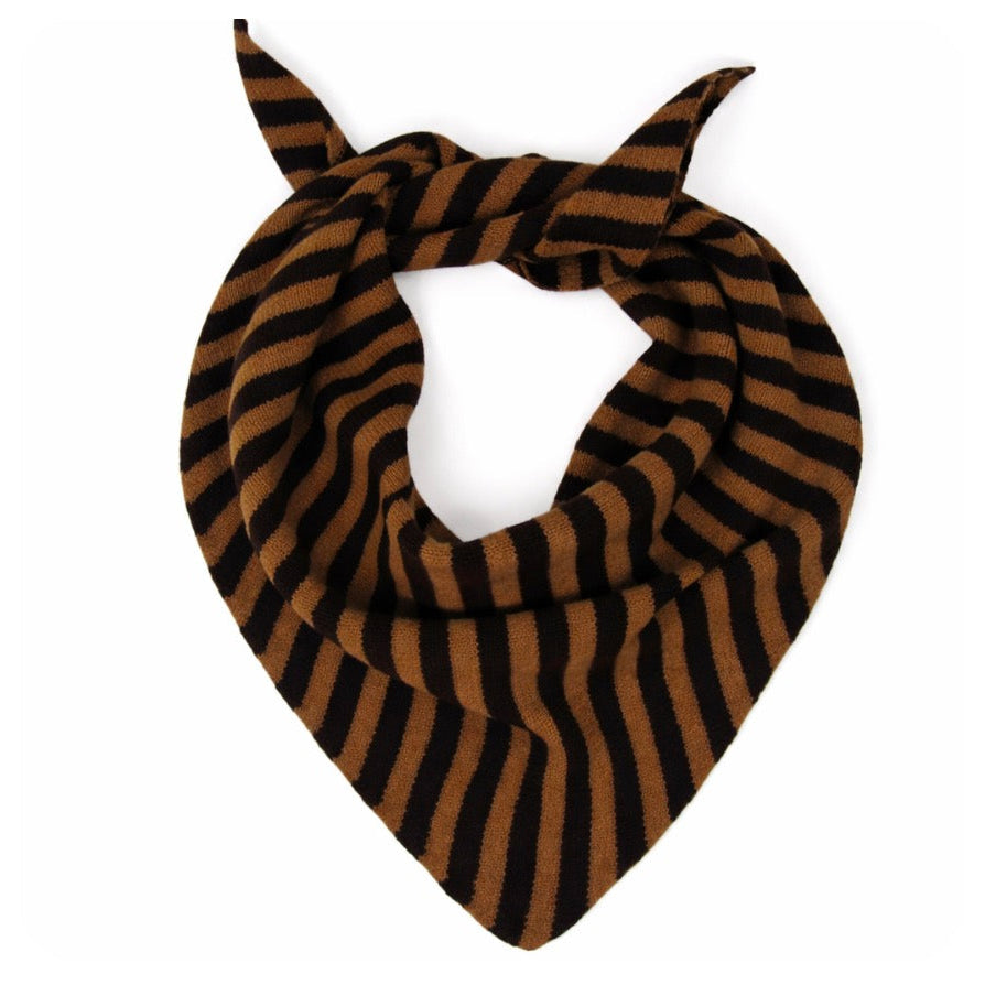 Knitted triangle scarf. Brown and black striped. merino wool.