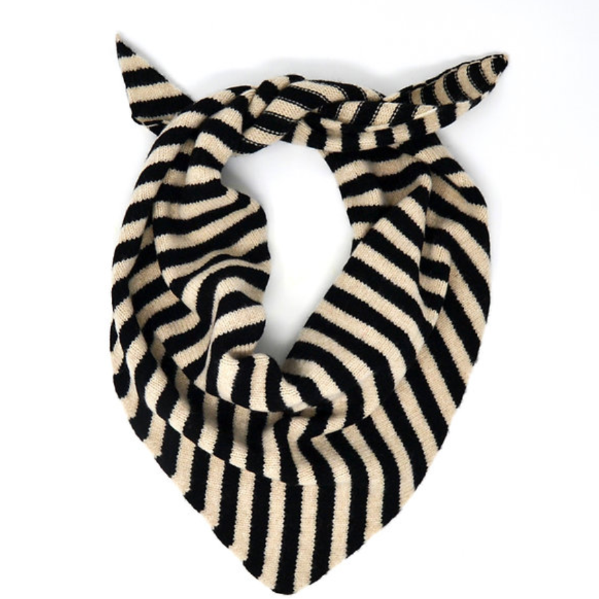 Knitted triangle scarf in black and oatmeal.