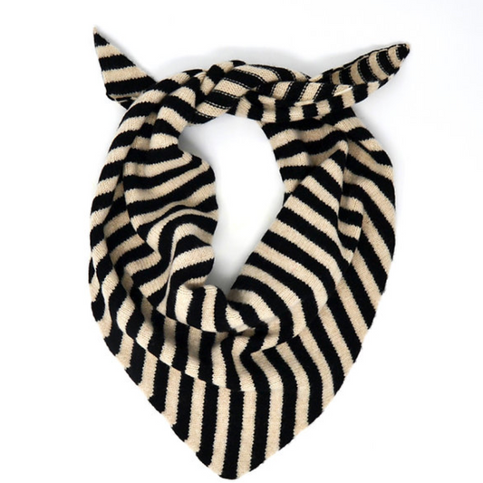 Knitted triangle scarf in black and oatmeal.