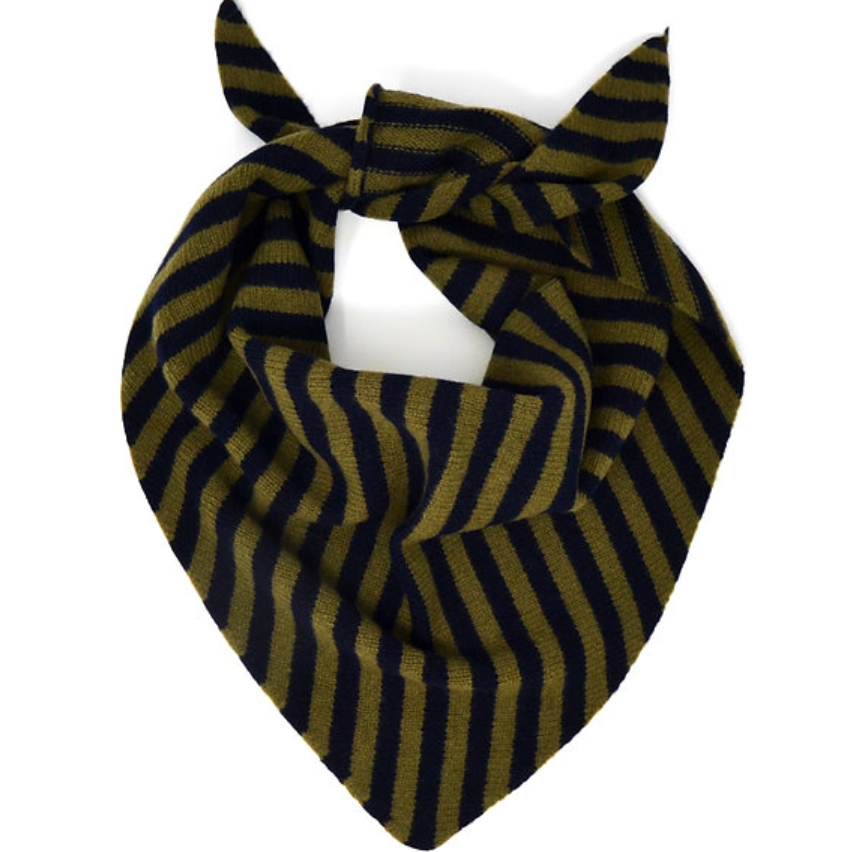 Woollen Triangle scarf striped in olive and navy/ Merino wool.