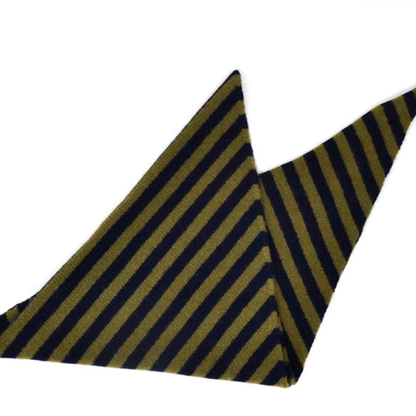 Knitted triangle scarf striped in olive and navy.