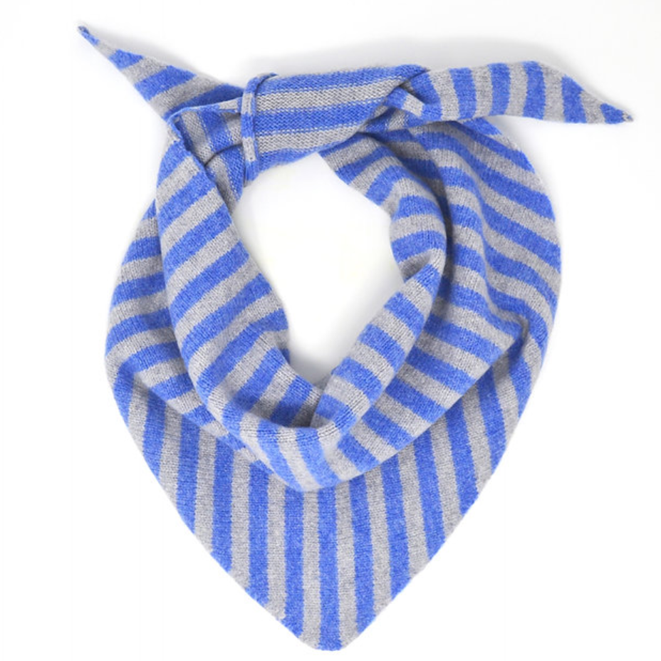 Striped triangle scarf in Blue and grey. Merino wool knitted.