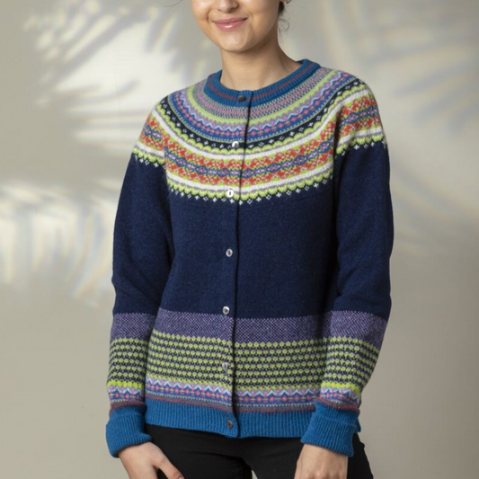 Eribe Alpine Cardigan Aurora. Scottish Knitwear, Merino Wool.