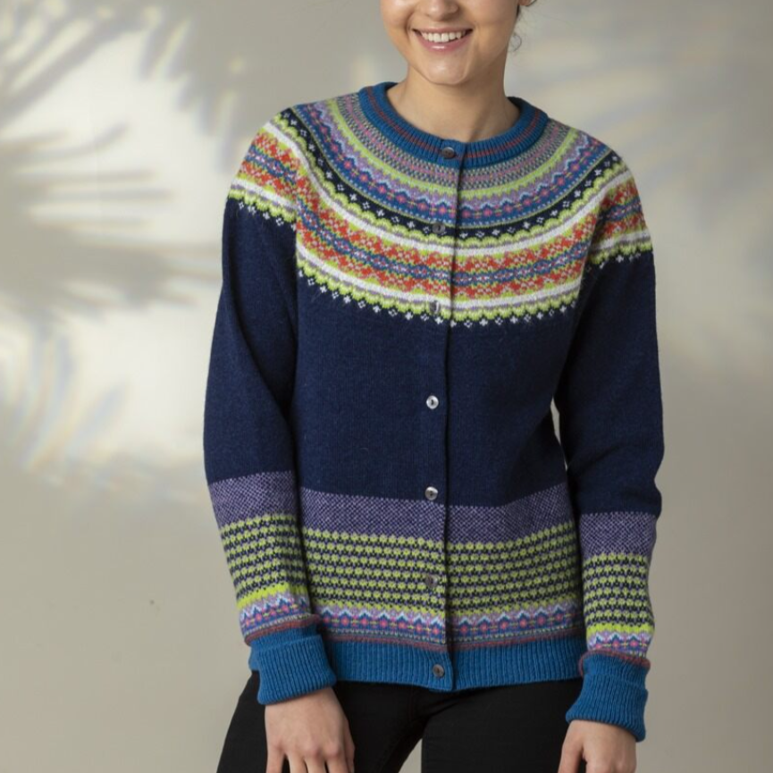 Fairisle Cardigan in Navy. Eribe Scottish Knitwear Australia and New Zealand.