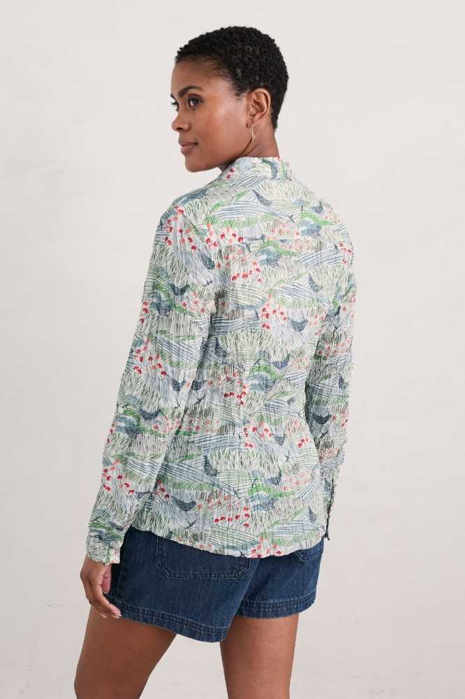 SEASALT's Larissa Shirt in Meadow Birds Chalk, back view of cotton shirt