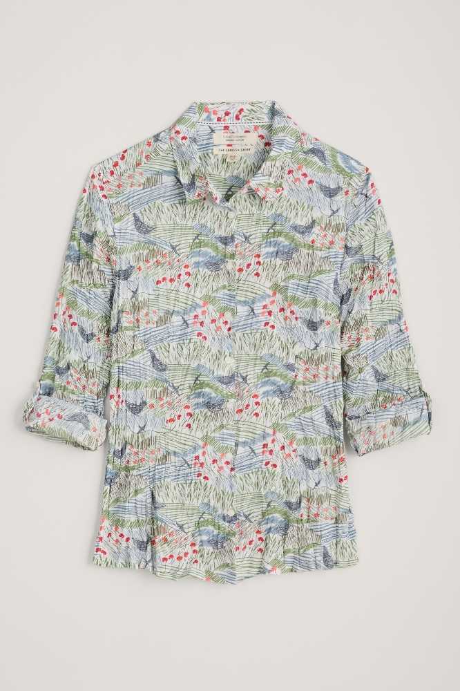 SEASALT's Larissa Shirt in Meadow Birds Chalk, flat lay of summer shirt