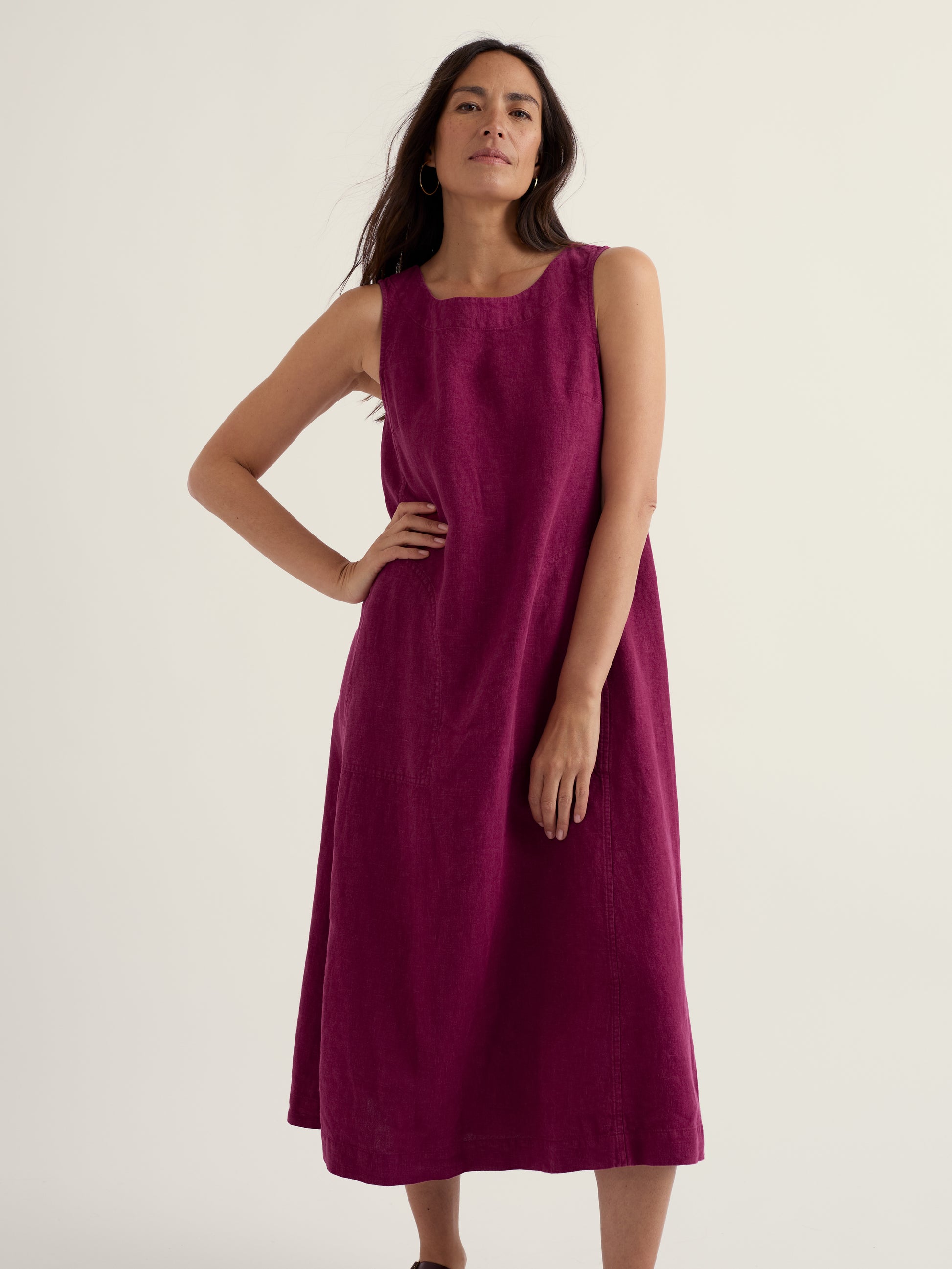 Seasalt Cornwall floaty linen dress in dark pink.