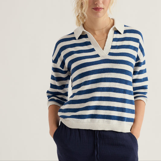 Seasalt womens linen and cotton top vee neck navy and white stripe
