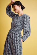 Seasalt's Meadowsweet dress in lace stems maritime colourway, model posing