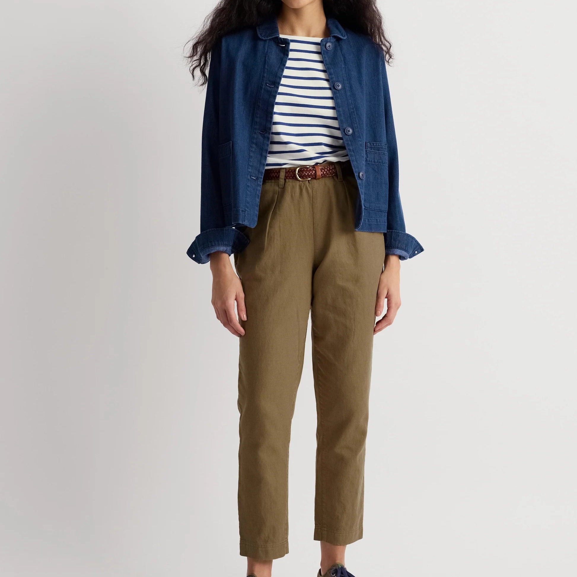 Seasalt nanetrrow pants in Seagrass with Seasalt sailor top in chalk stripe