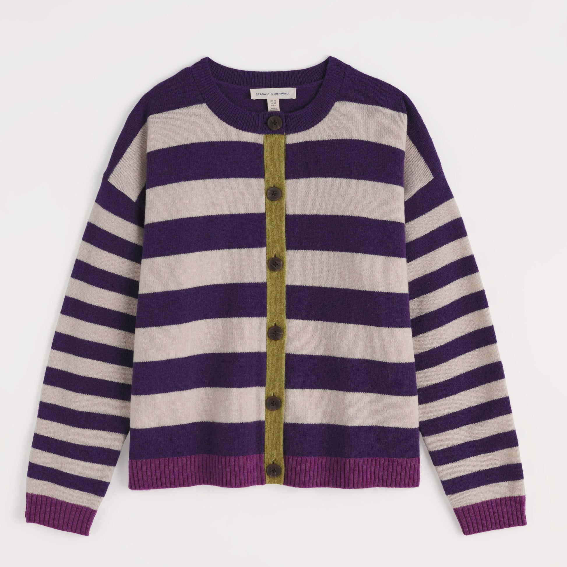 Seasalt Cornwall lambswool cardigan with purple/white stripes