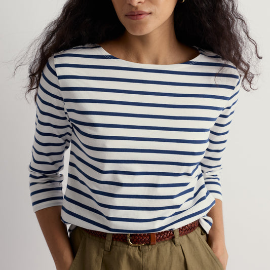 Seasalt Sailor Top 3/4 sleeve in white with dark voyage stripe
