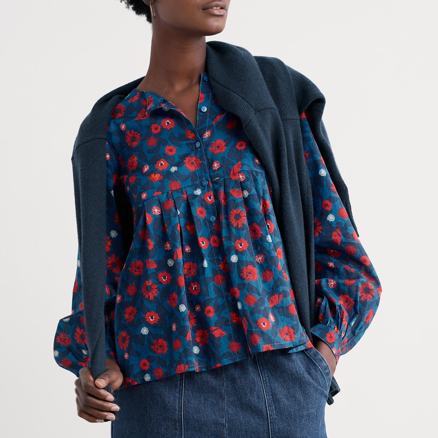 Seasalt Cornwall Organic Cotton Shirt with floral pattern red on blue