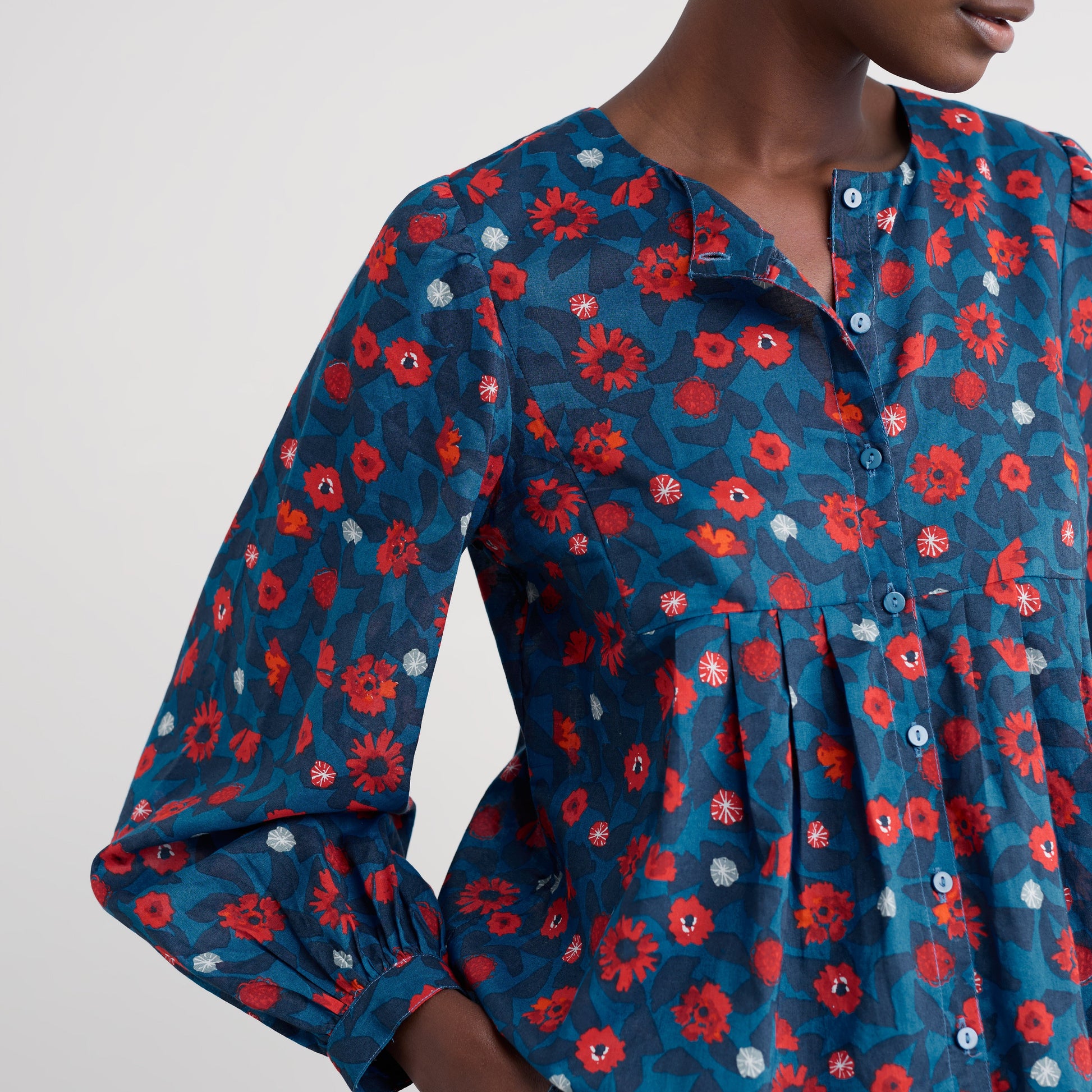 Seasalt Organic Cotton Shirt with red flowers on blue