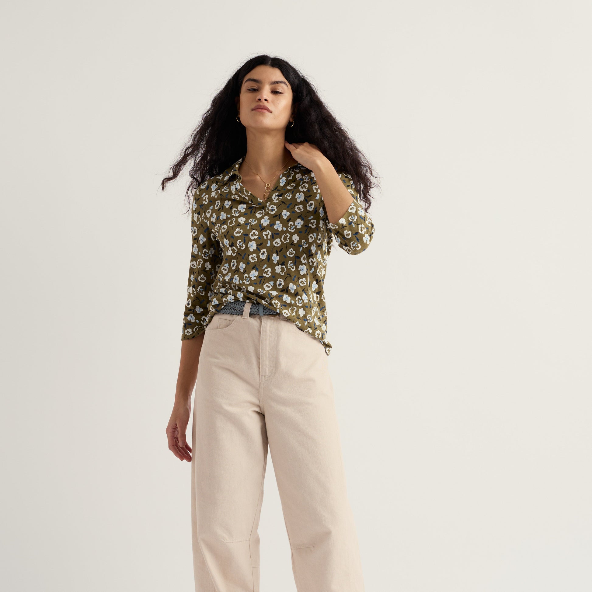 Seasalt Wave Crest Shirt Organic cotton Olive floral