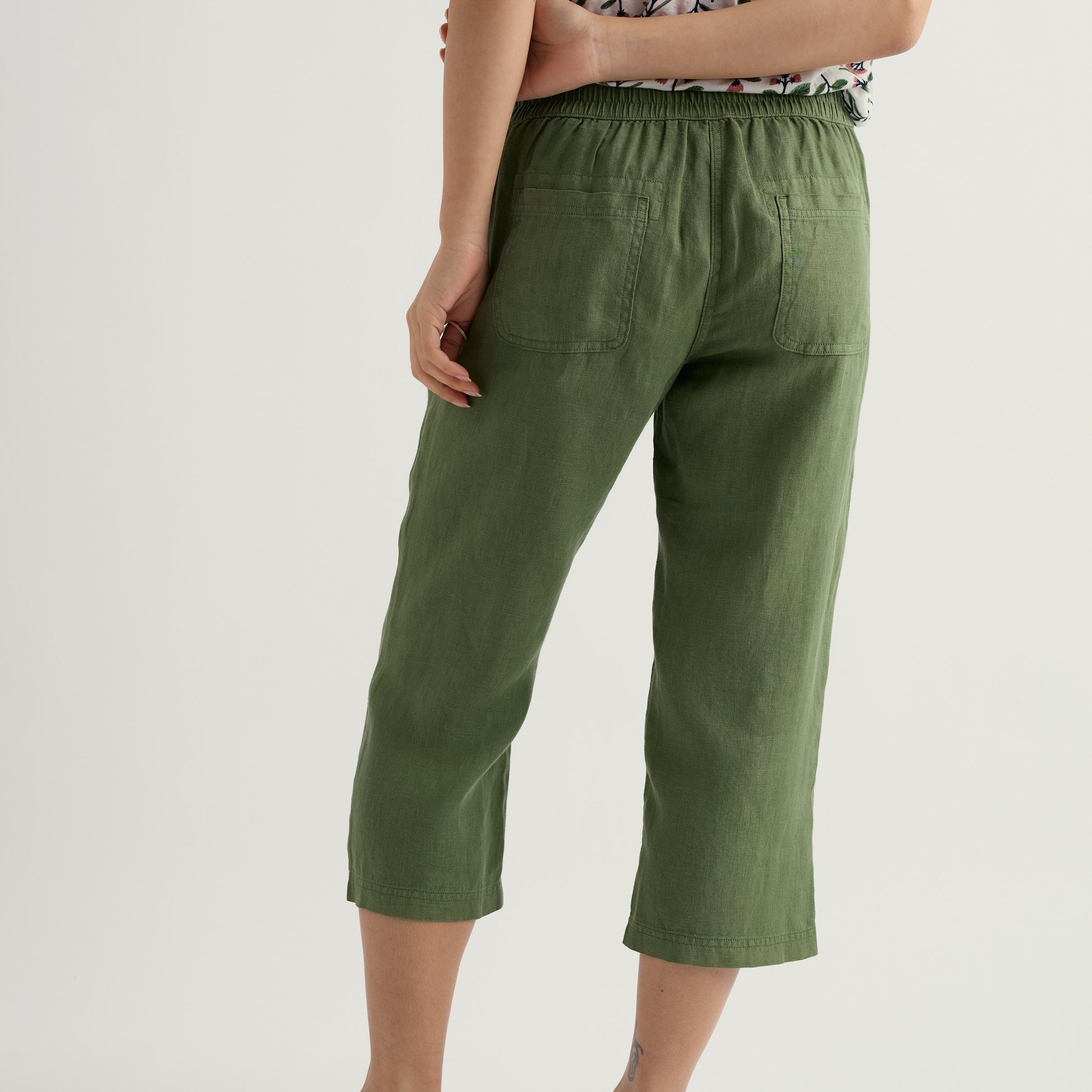 Seasalt green linen pants with elastic at back wait band