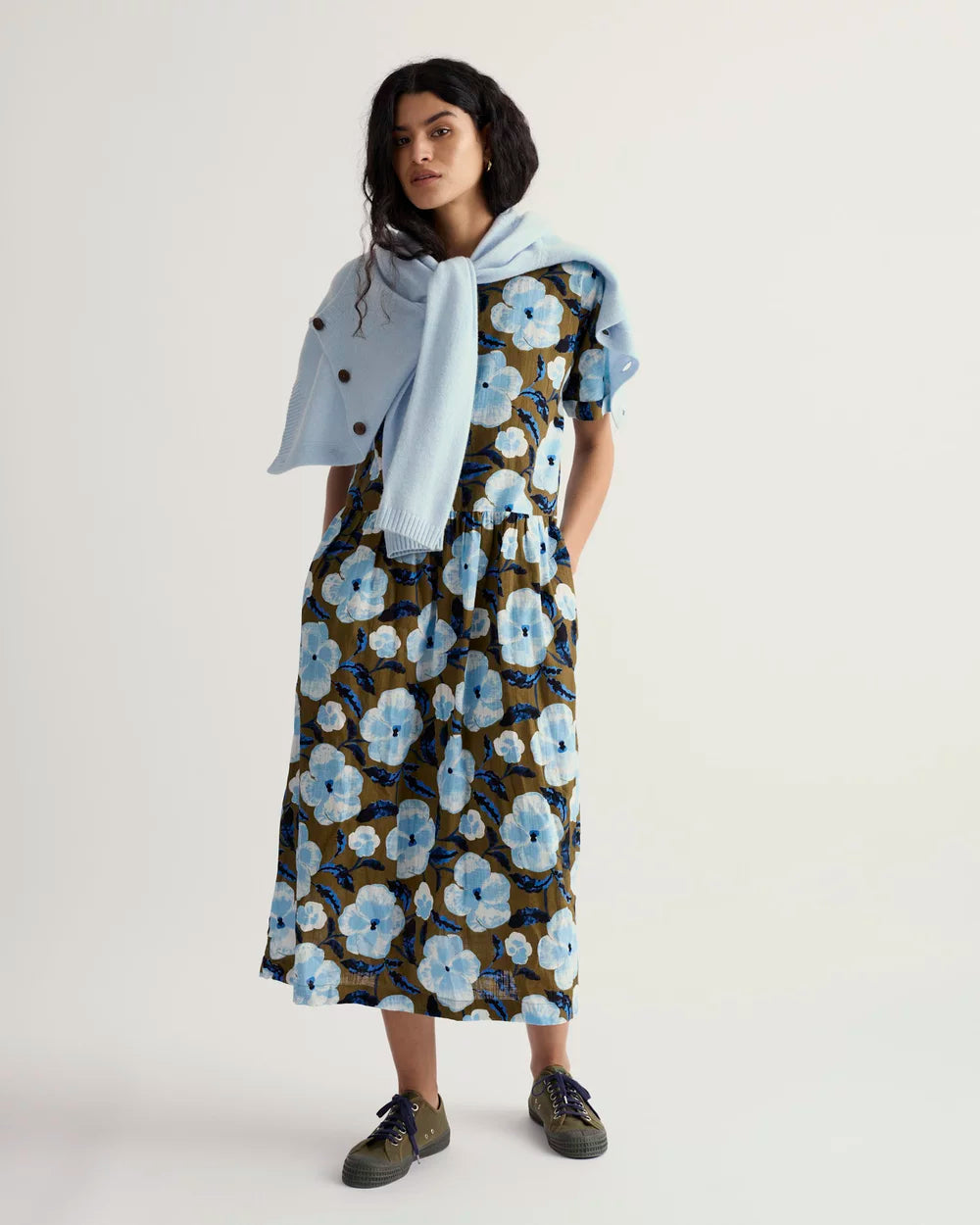 Seasalt Corwall linen summer dress in olive with blue flowers