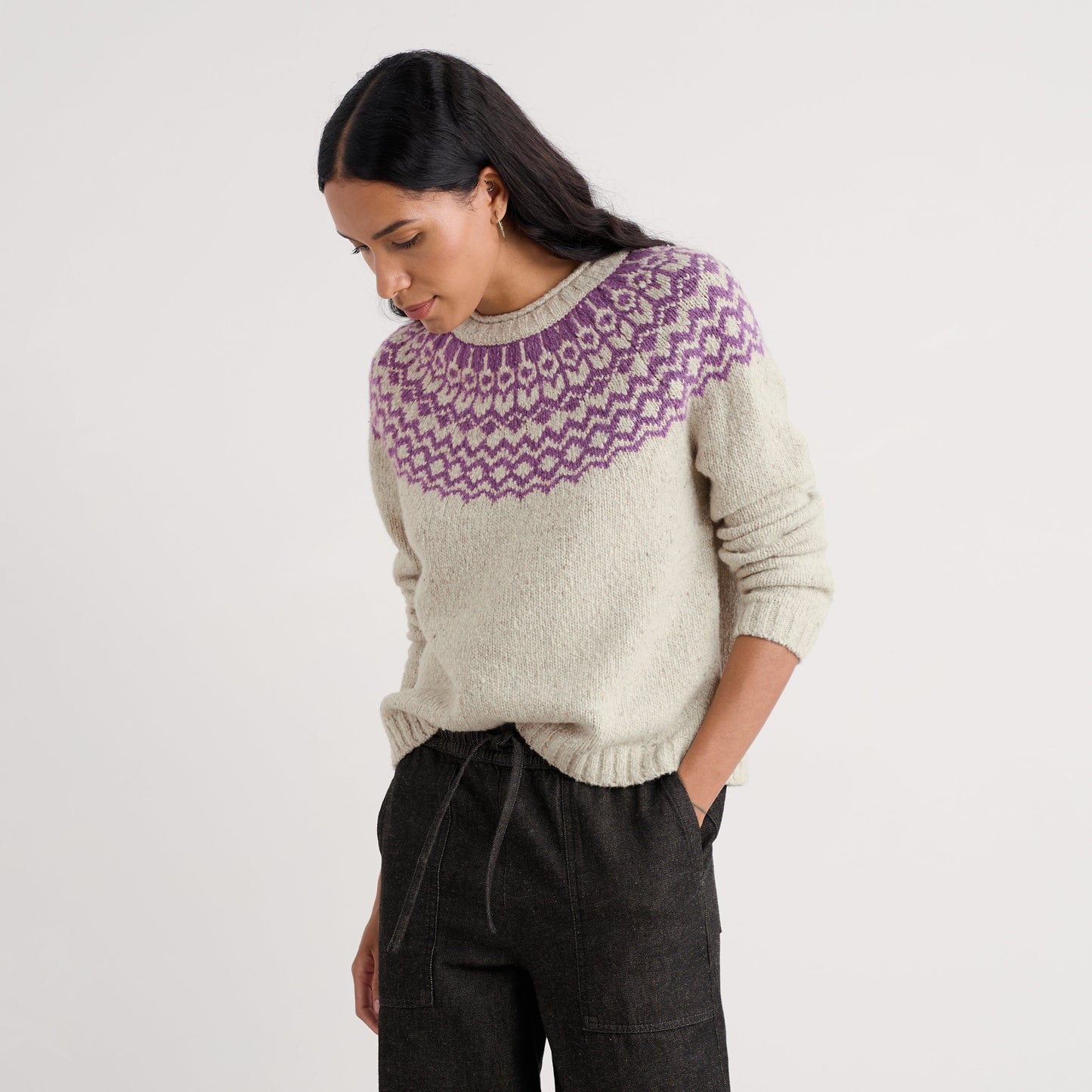 Seasalt Port Kinnis Wag Tail JUmper in Ecru and purple