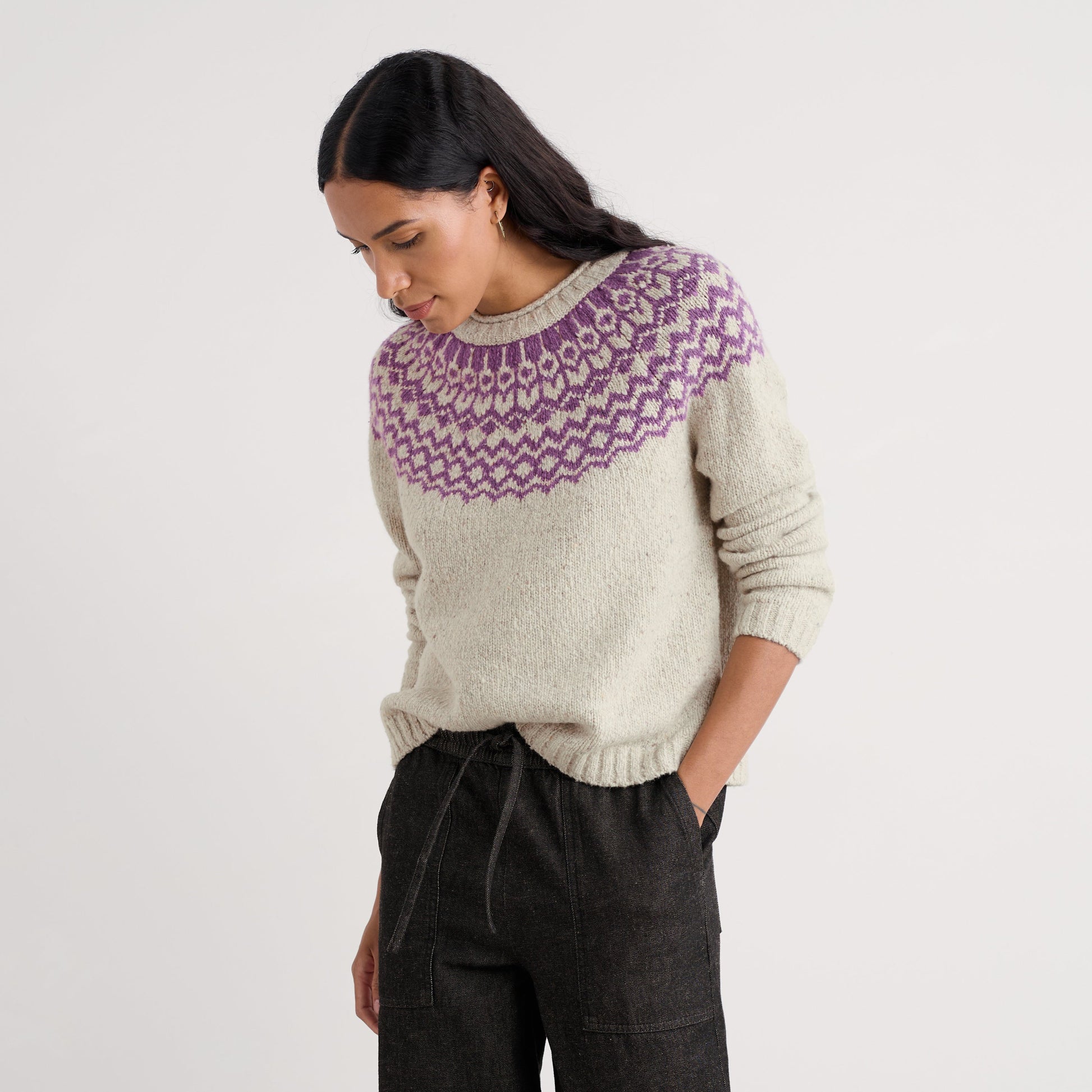 Seasalt Port Kinnis Wag Tail JUmper in Ecru and purple