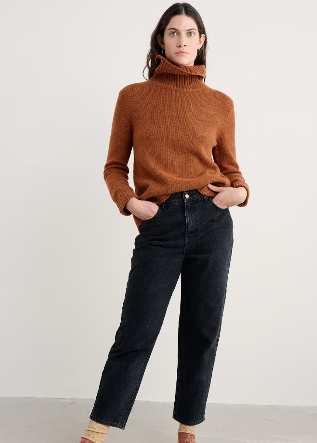 Tan roll neck wool jumper for women