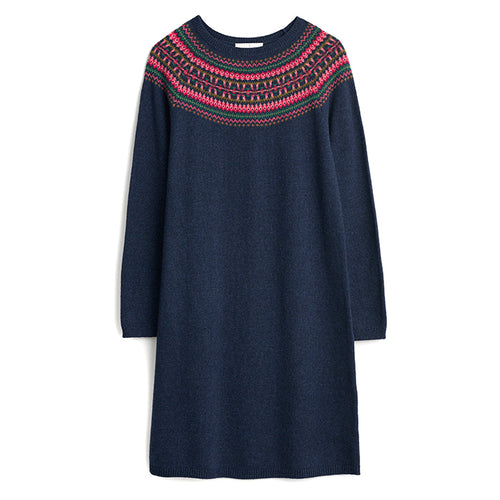The Centrepiece Dress from Seasalt in Fence Floral Maritime Mix. A navy knit dress with Fairisle pattern. Australia and New Zealand.