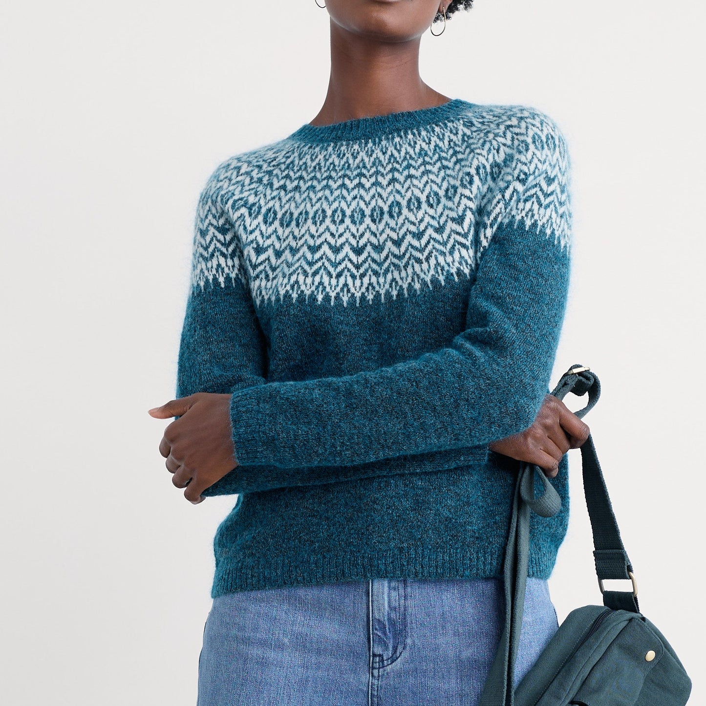 Mohair jumper fom Seasalt Cornwall in Dark Teal. Fairisle.