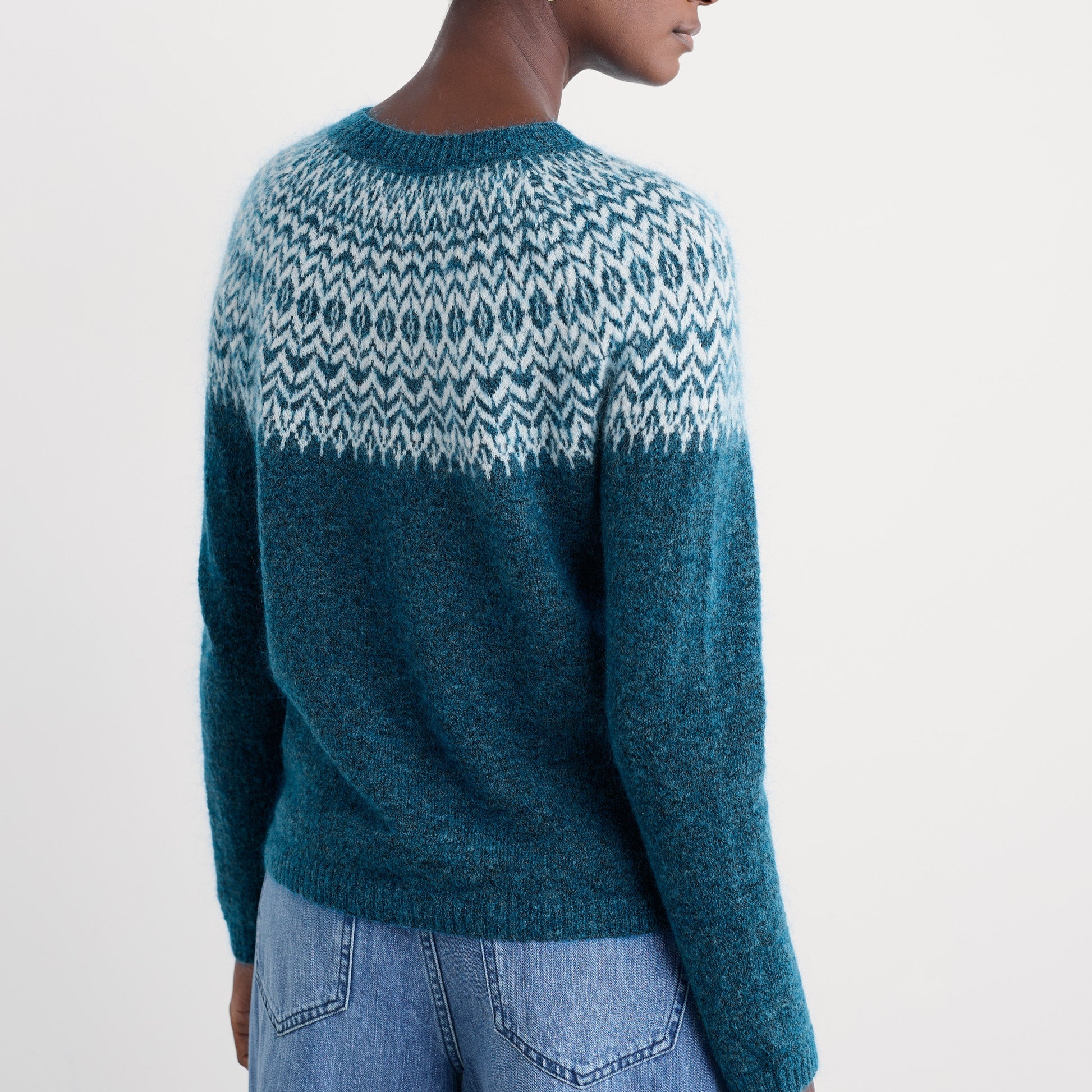 Soft and cosy blue to teal jumper from Seasalt Cornwall. Fairisle design. Spruce Frost