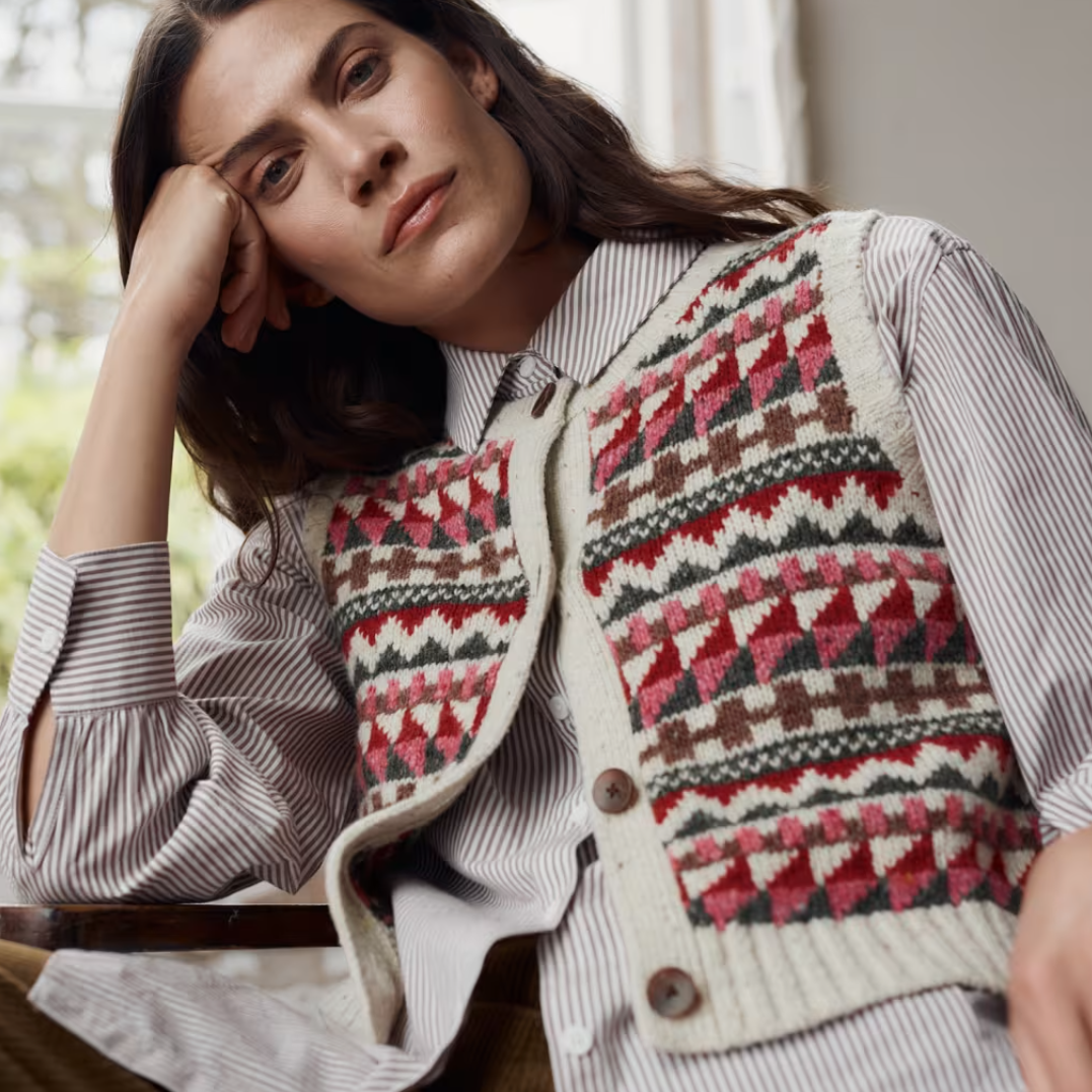 Knitted woollen vest for women with buttons. Fairisle design from Seasalt