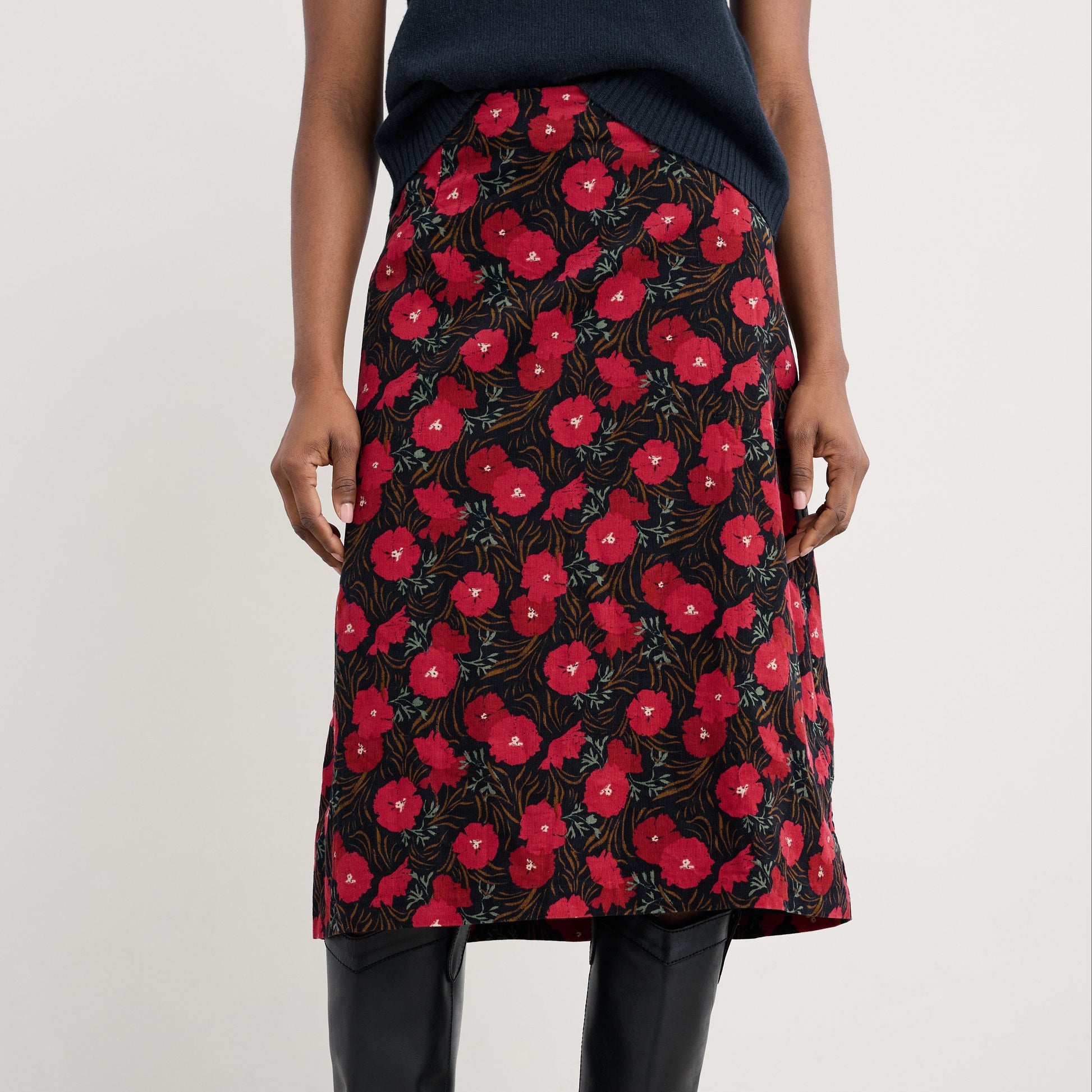 Seasalt Cord Skirt in Red flowers on navy