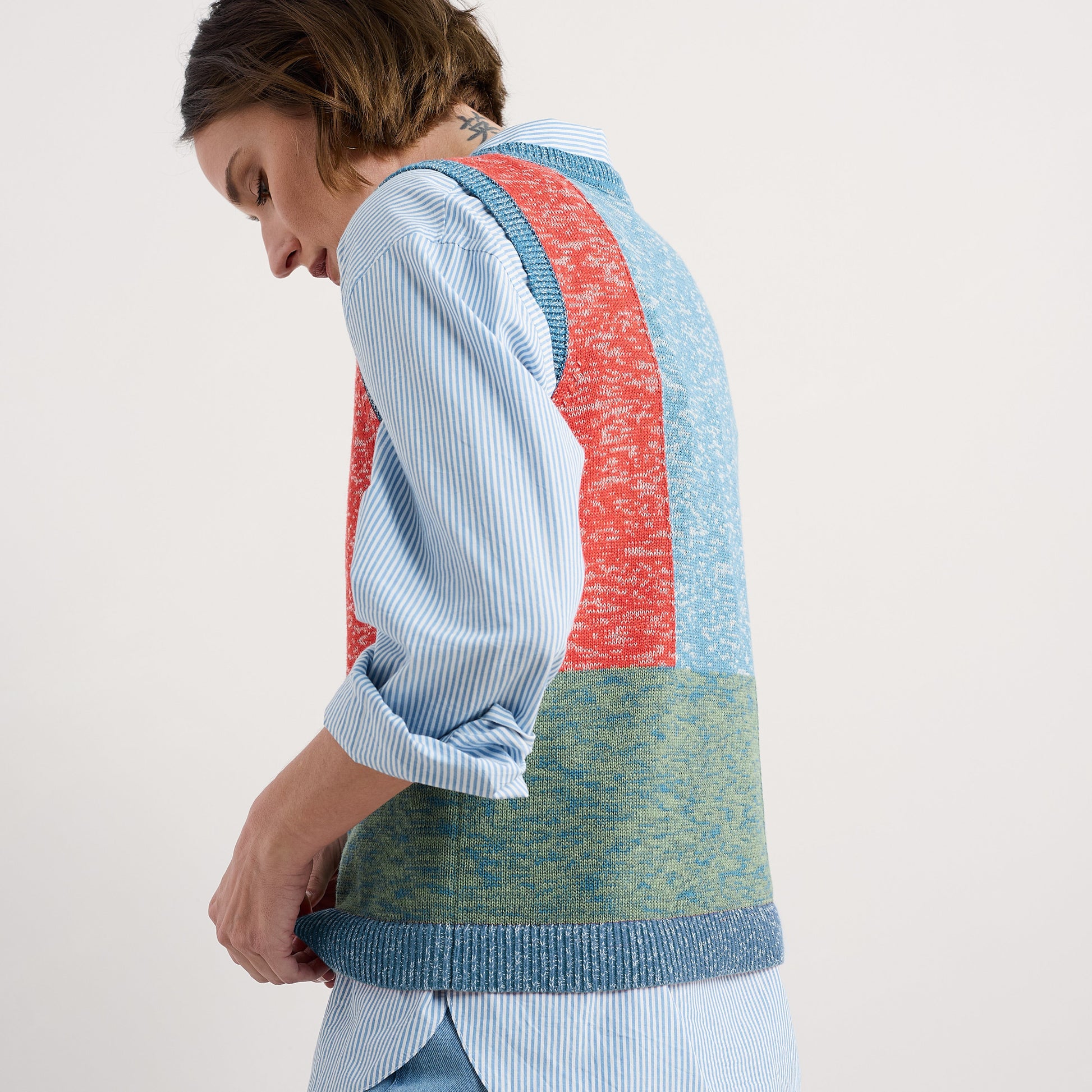 Natural fibres - women's knit vest in red blue and green