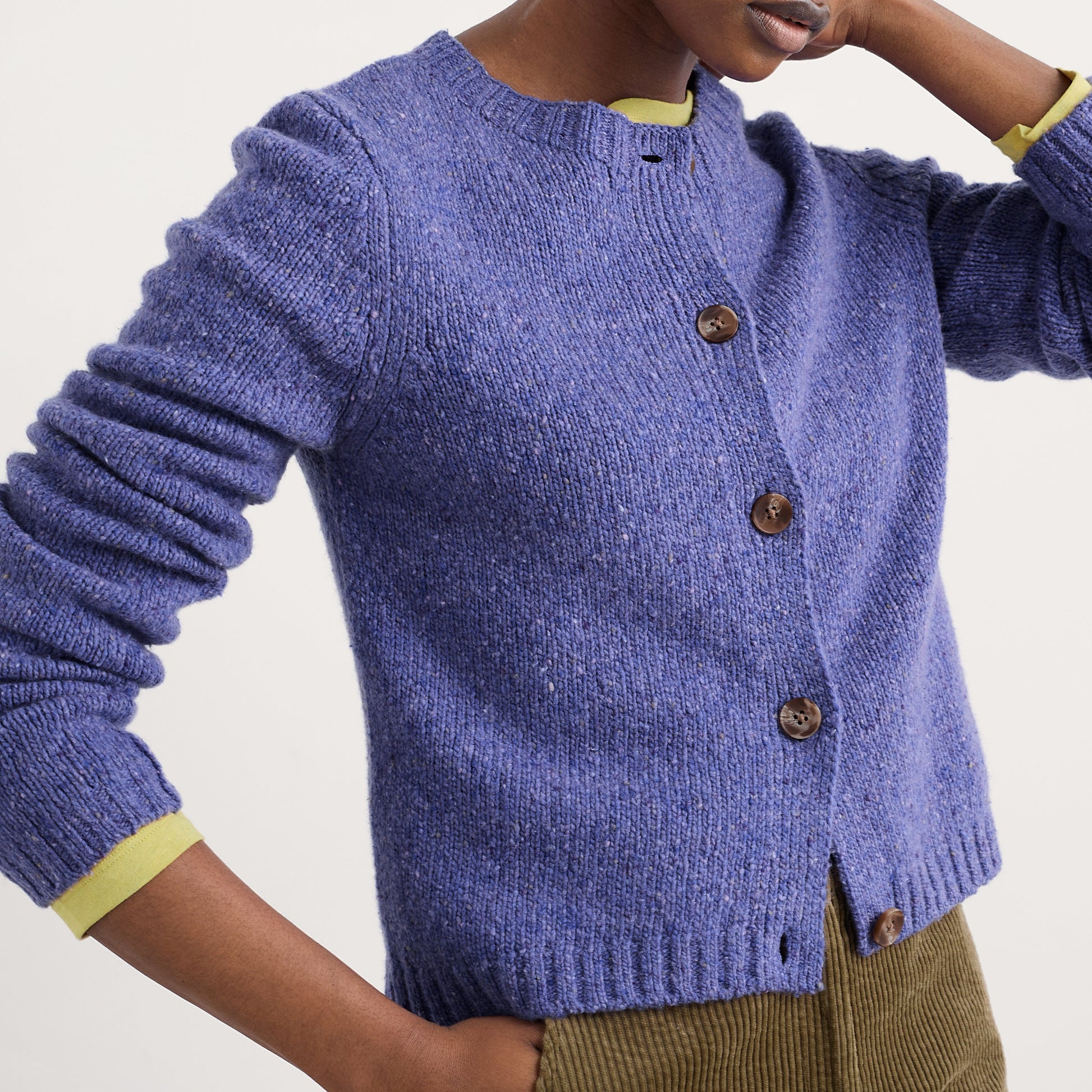 Seasalt cardigan in purple. Dawson's Pink in Bilberry