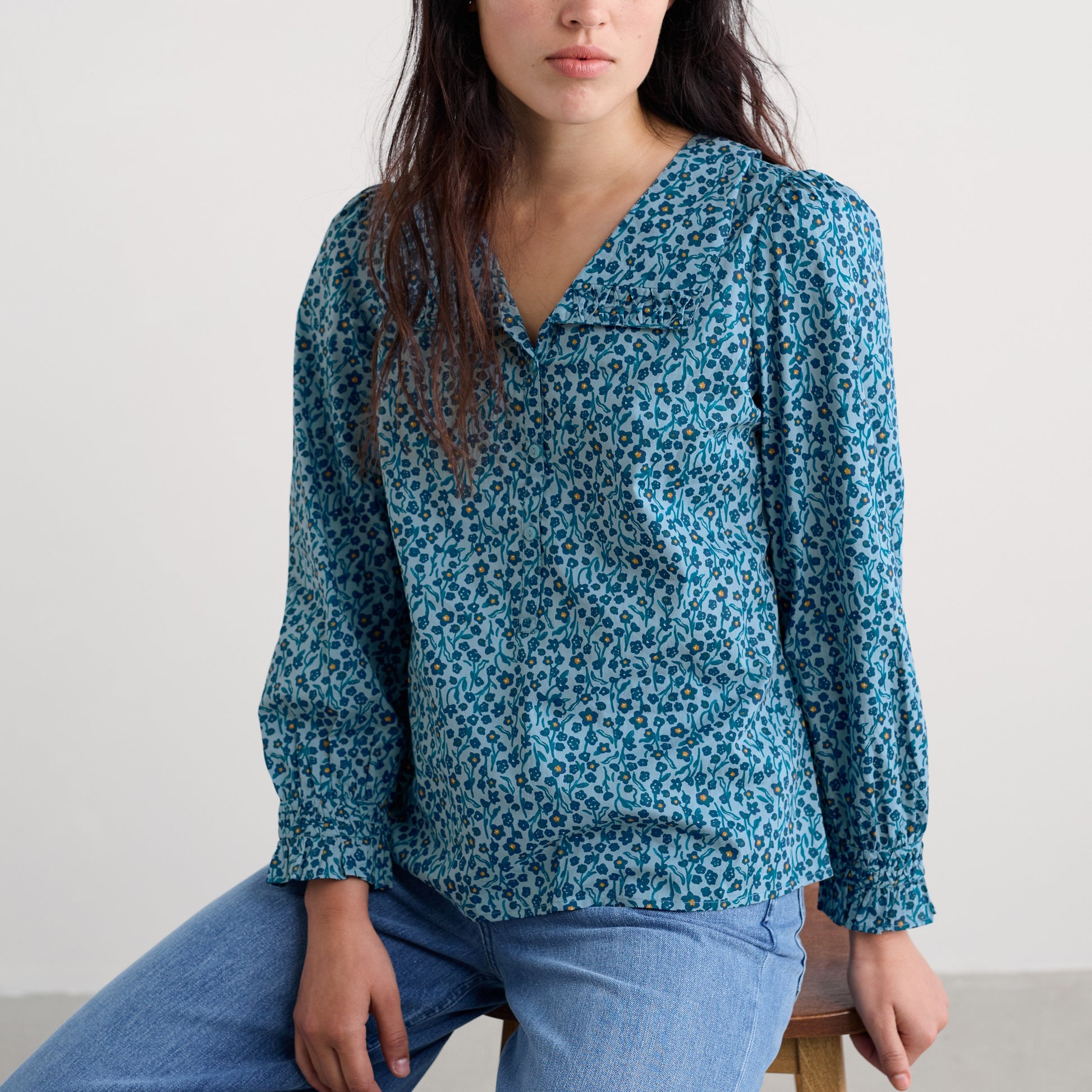 Blue cotton shirt with colar floral seasalt cornwall