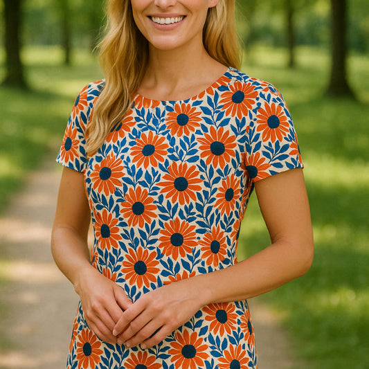 Woman wearing Seasalt dress in Bold Sunflowers