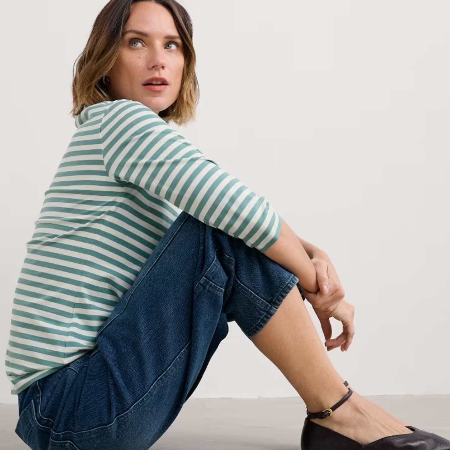 Seasalt 3/4 Sailor Top in Green stripe.