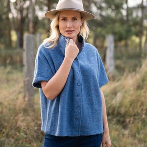 See Saw Buttoned Vest in Denim. Boiled Merino Wool. Free Shipping in Australia.